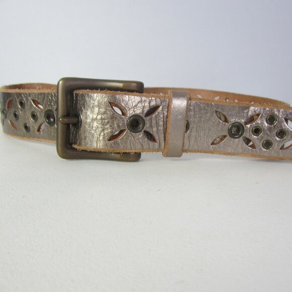 New Fossil Women L Metallic Bronze Gold Leather Studded Pierced Floral Brass - Picture 3 of 10